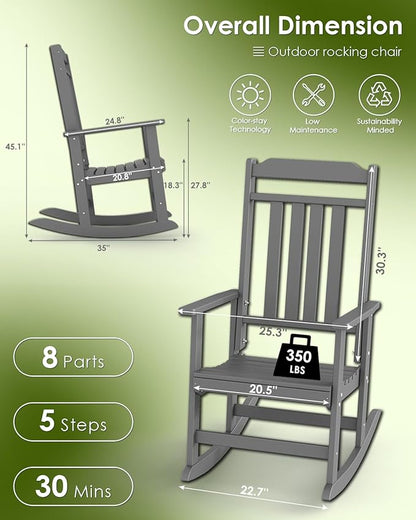 GREENVINES Outdoor-Rocking-Chairs-Set-of-4 | HDPE Plastic | Patio Rockers | Porch Rocker Chair | Oversized | High Back | Big & Tall | Grey