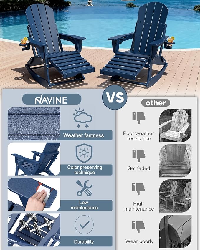 Adirondack Rocking Chair with Retractable Ottoman, All Weather Folding Adirondack Chair with Two Cup Holders, Adirondack Outdoor Rocking Chairs for Porch, Patio, Balcony. Navy Blue