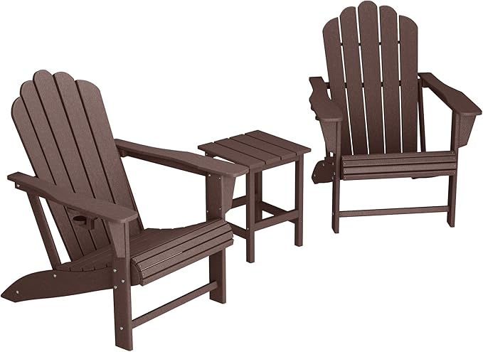 Costaelm Lakeview 3-Piece Outdoor Patio HDPE Adirondack Chair with Cup Holder and Table Set, Dark Brown