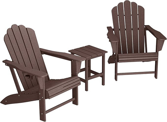 Costaelm Lakeview 3-Piece Outdoor Patio HDPE Adirondack Chair with Cup Holder and Table Set, Dark Brown