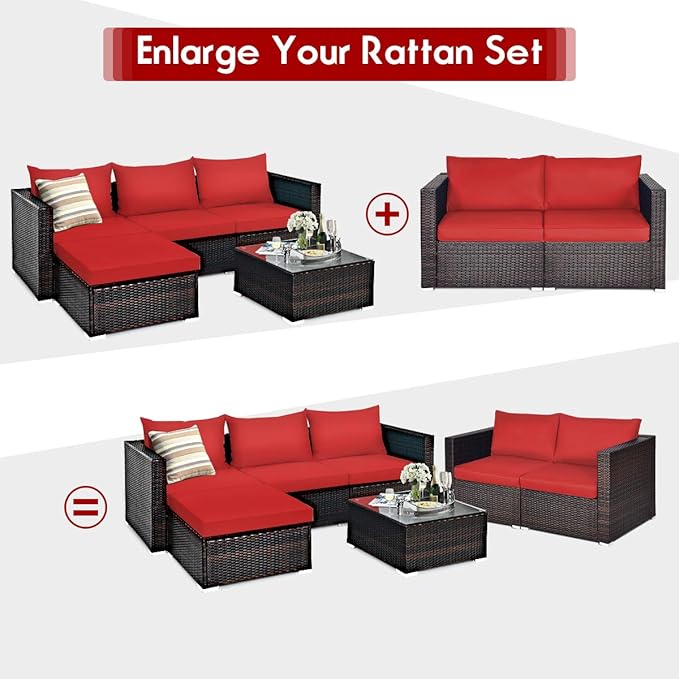 Tangkula 2 Seat Outdoor Wicker Loveseat Sofa Set, Modular PE Rattan 2 Pieces Outdoor Wicker Corner Sofa, Outside Furniture Set for Deck, Backyard, Porch, Garden & Poolside, Red