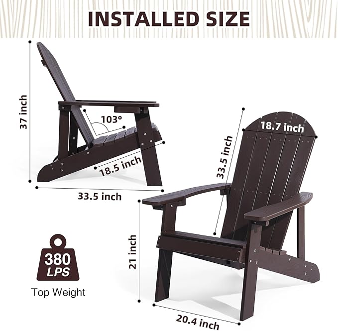 Adirondack Chair, All Weather Resistant Plastic Chairs with Cup Holder, 5 Easy Steps to Install, Outdoor Chairs for Patio, Garden, Backyard Deck, Lawn, Fire Pit - Brown