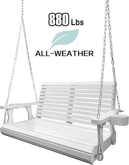 Wooden Porch Swing 2-Seater, Bench Swing with Cupholders, Hanging Chains and 7mm Springs, Heavy Duty 800 LBS, for Outdoor Patio Garden, Pure White, 4 FT Extra Large