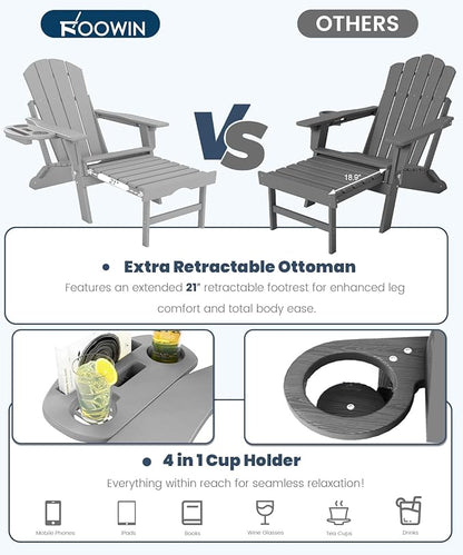 FOOWIN Folding Adjustable Adirondack Chair with Retractable Ottoman Set of 2, HDPE Adirondack Chair w/4 in 1 Cup Holder Trays,All-Weather Resistant Fire Pit Chair for Outdoor Patio Lawn, White Grey