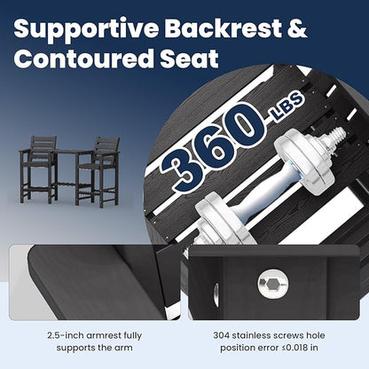 PLUUV Tall Adirondack Chairs Set of 2, All Weather HDPE Poly Bar Height Balcony Adirondack Chair with Removable Double Connecting Trays, Outdoor Adirondack Barstools for Deck, Patio, Yard, Pool, Lawn