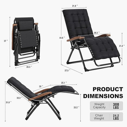 PURPLE LEAF Oversized Outdoor Reclining Chair Set of 2 Patio Zero Gravity Chaise Lounge Folding Chair with Removable Cushion Adjustable Headrest for Lawn Camping Beach Pool Black