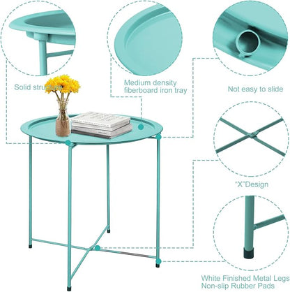 Garden 4 you End Table Metal Side Table Green Round Folding Tray Cyan Sofa Small Accent Fold-able Table, Round End Table Tray, Next to Sofa Table, Snack Table for Living Room and Bed Room