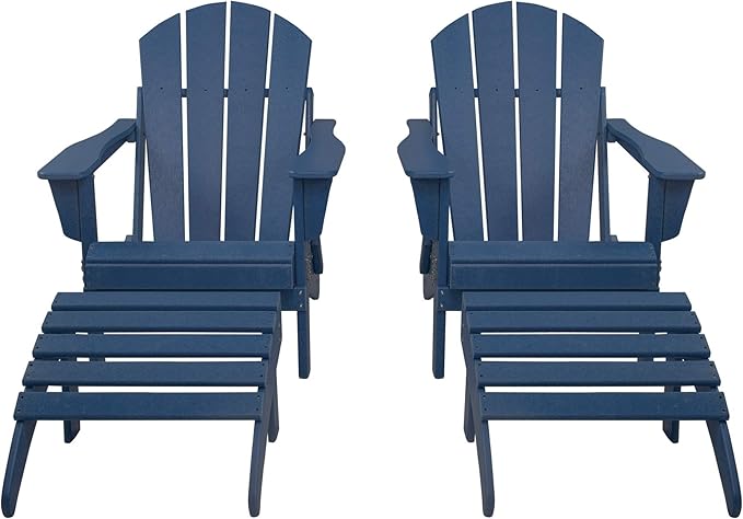 WestinTrends Malibu Outdoor Lounge Chair Set, 4-Pieces Adirondack Chair Set of 2 with Ottoman, All Weather Poly Lumber Patio Lawn Folding Chair for Outside Pool Beach, Navy Blue