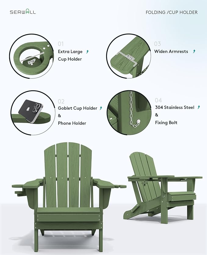 SERWALL Adirondack Chair with Cup Holders - Composite Adirondack Chairs Set of 6 HDPE Outdoor Chairs All Weather Use - Photo 8