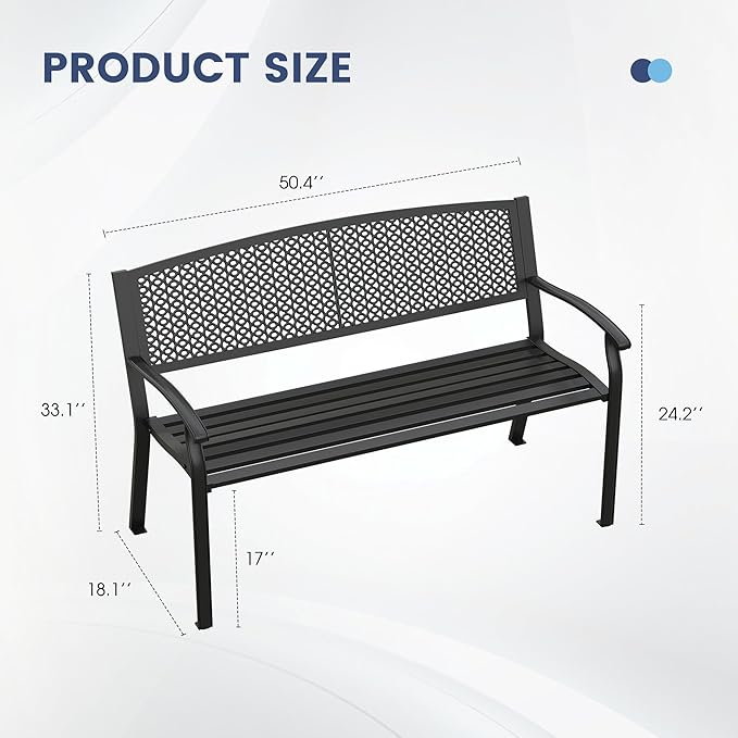 VICLLAX Outdoor Garden Bench, Metal Frame Patio Bench with Oval Design Backrest for Porch Yard Lawn Deck, Black