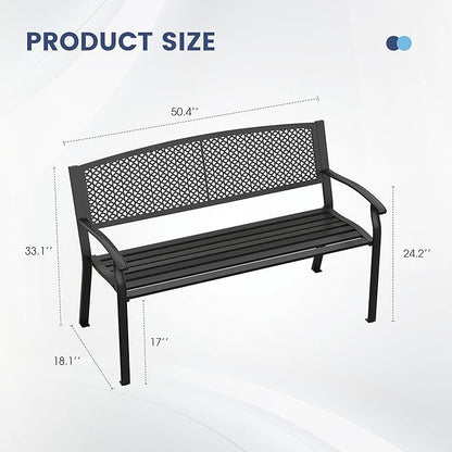 VICLLAX Outdoor Garden Bench, Metal Frame Patio Bench with Oval Design Backrest for Porch Yard Lawn Deck, Black