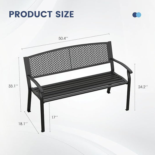VICLLAX Outdoor Garden Bench, Metal Frame Patio Bench with Oval Design Backrest for Porch Yard Lawn Deck, Black