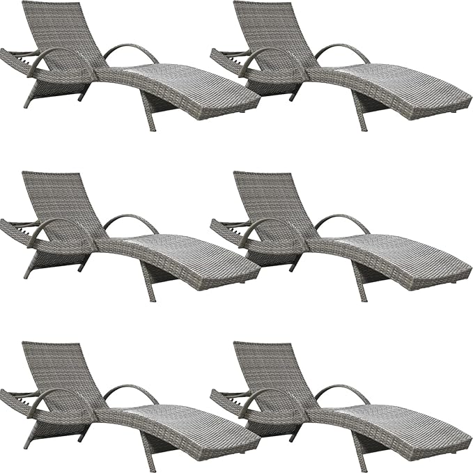 80.3” Outdoor Chaise Lounge, Grey Pool Lounge Chairs Set of 6, Wicker Recliner Chair with Pull-Out Side Table, Adjust Back Patio Sunbathing Lounge Chairs for Outside, Garden, Deck, Backyard