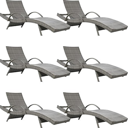 80.3” Outdoor Chaise Lounge, Grey Pool Lounge Chairs Set of 6, Wicker Recliner Chair with Pull-Out Side Table, Adjust Back Patio Sunbathing Lounge Chairs for Outside, Garden, Deck, Backyard