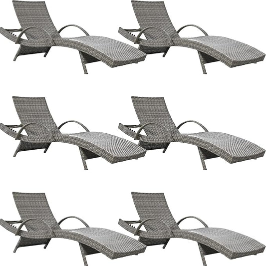 80.3” Outdoor Chaise Lounge, Grey Pool Lounge Chairs Set of 6, Wicker Recliner Chair with Pull-Out Side Table, Adjust Back Patio Sunbathing Lounge Chairs for Outside, Garden, Deck, Backyard