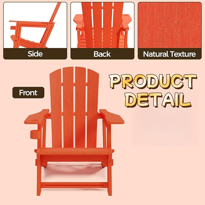 Adirondack Chairs Set of 2,Adirondack Chair with Cup Holder,Wooden Textured Plastic Fire Pit Chair,All-Weather Outdoor Patio Chairs for Lawn,Backyard Deck, Porch,400LBS Heavy-Duty,Orange