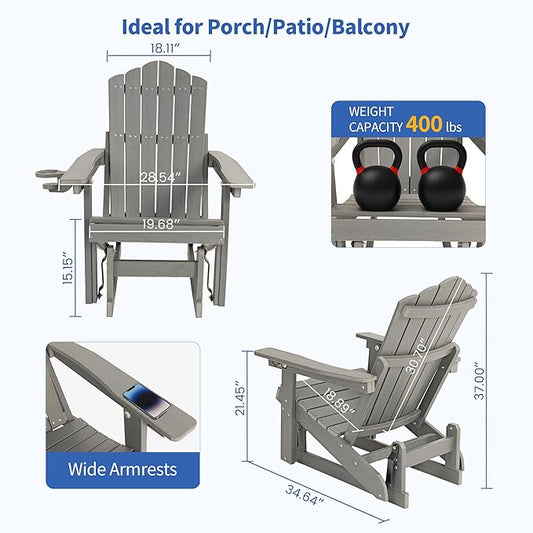 HDPE Outdoor Glider Chair Set of 2,3-Position Adjustable Backrest Patio Glider, All-Weather Glider Rocker Chair with Cup Holders,Porch Glider for Outside,Deck,Fire Pit, Poolside,400LBS Capacity (Grey)