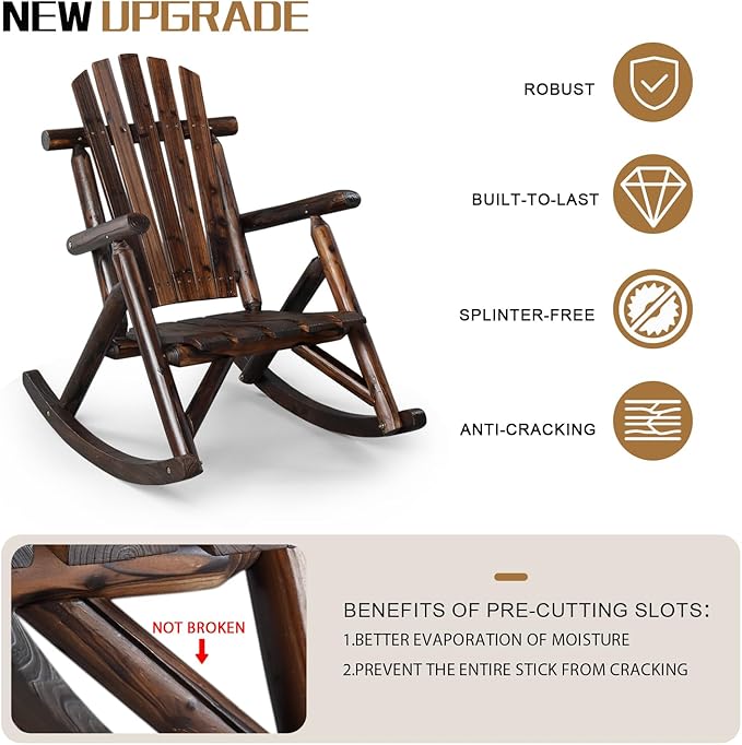 Outvita Wooden Rocking Chair Set of 2, Fir Log Adirondack Rocker, Outdoor Wood Accent Furniture Lounge Chairs for Garden Patio Backyard Porch (Dark Brown)