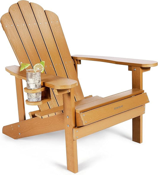 SNAN Adirondack Chair Weather Resistant with Cup Holder, All-Weather Patio Chair for Garden&Outdoor Fire Tables, Fade-Resistant Outdoor Seating, Wood-Like Processing Sturdy Outdoor Chair(Teak)