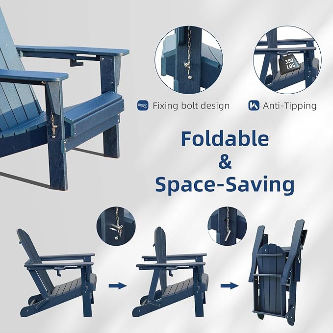 Domi Folding Adirondack Chairs Set of 2, HDPE All-Weather Outdoor Chairs with Cup Holder, Wooden Textured Fire Pit Chairs for Backyard, Patio, Poolside & Deck, Navy Blue