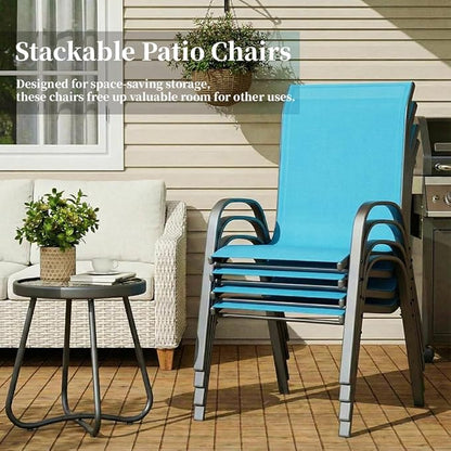 MAMIZO Patio Dining Chairs, Stackable All Weather Teslin Chair, Heavy Duty Outdoor Breathable Chairs Set, w/Armrests, Upgraded Chair FeetW/Strenthened Iron Spacers, 330 LBS (4, Turquoise Blue)