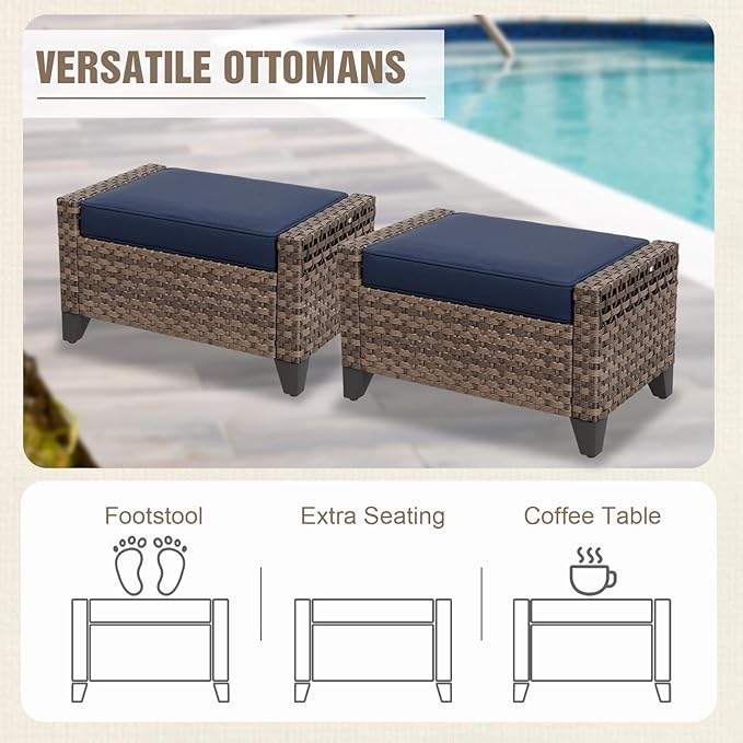 Modern Wicker Outdoor Swivel Rocking Chairs, Rattan Glider Rocker Patio Furniture for Backyard, Deck, Porch, Garden, 2 Chairs 2 Ottomans, Brown/Blue