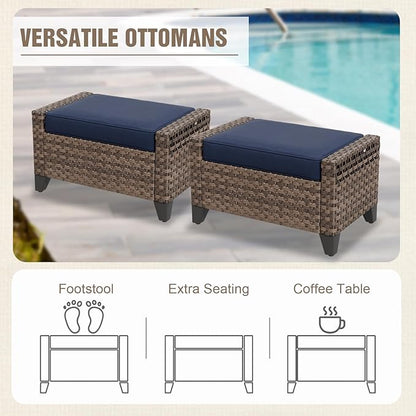 Modern Wicker Outdoor Swivel Rocking Chairs, Rattan Glider Rocker Patio Furniture for Backyard, Deck, Porch, Garden, 2 Chairs 2 Ottomans, Brown/Blue