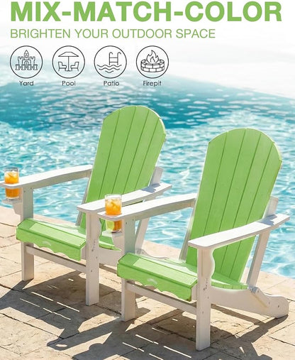 Folding Adirondack Chair –Recyclable HDPE Outdoor Adirondack Patio Chair with Cup Holder, Wood Texture & Umbrella Hole, 25-Year Fade-Free All Weather for Fire Pit, Porch, Poolside, Deck, Lime & White