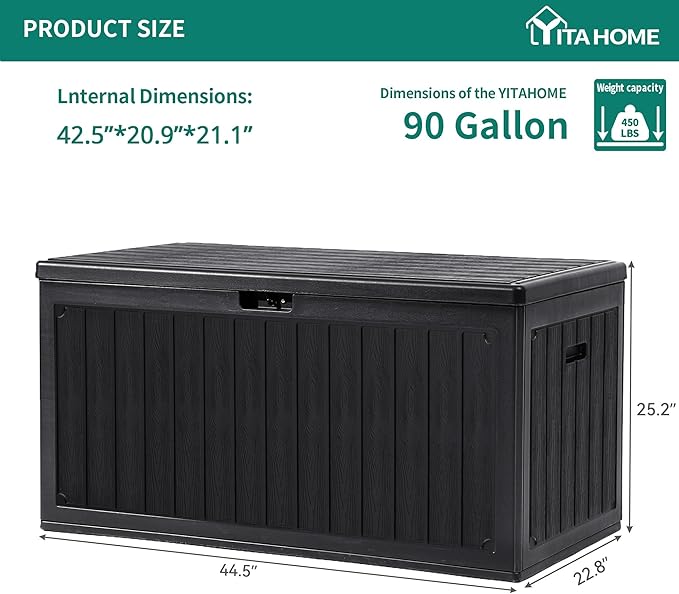YITAHOME 90 Gallon Large Deck Box, Double-Wall Resin Outdoor Storage Boxes, Deck Storage for Patio Furniture, Cushions - Photo 7