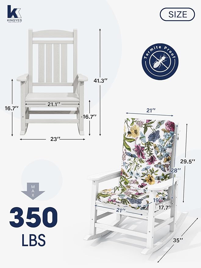 KINGYES Oversized Outdoor Rocking Chair with Cushion, All-Weather Patio Rocking Chairs, HDPE Porch Rocker for Adults, 350 lbs Capacity, White Chair with Flower Cushion