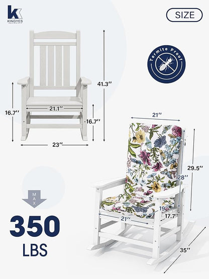 KINGYES Oversized Outdoor Rocking Chair with Cushion, All-Weather Patio Rocking Chairs, HDPE Porch Rocker for Adults, 350 lbs Capacity, White Chair with Flower Cushion