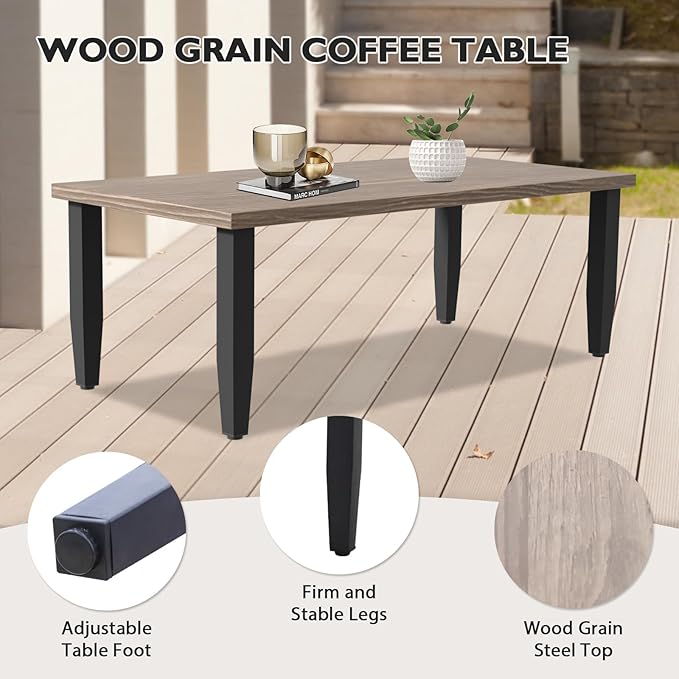 EAGLE PEAK Modern Outdoor Table, Patio Coffee Table with Wood Grain Top for Deck, Porch, Balcony, Garden