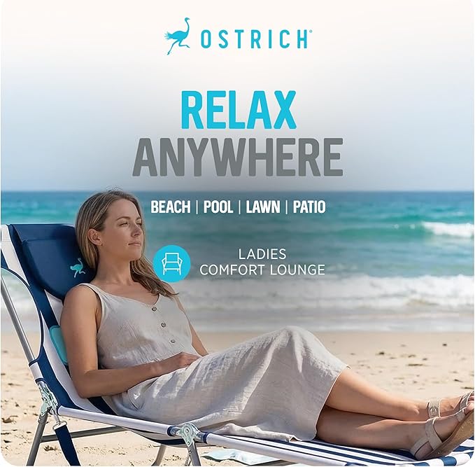 Ostrich the Ladies Comfort Lounger with Chest Support, Foldable & Portable Reclining Outdoor Patio Beach Lawn Camping Pool Tanning Chair, Blue Stripe