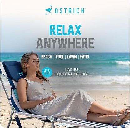 Ostrich the Ladies Comfort Lounger with Chest Support, Foldable & Portable Reclining Outdoor Patio Beach Lawn Camping Pool Tanning Chair, Blue Stripe