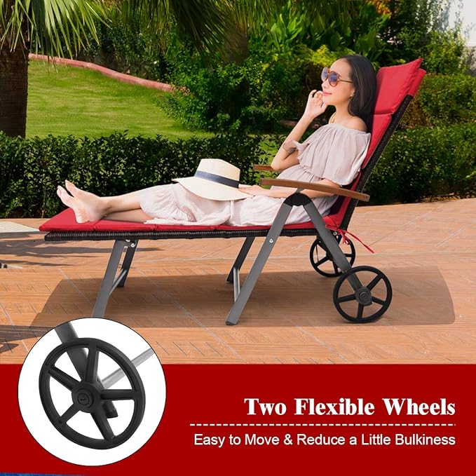 COSTWAY Folding Rattan Lounge with Wheels, Aluminum Patio Lounger with 7 Adjustable Positions, Soft Cushion - Photo 5