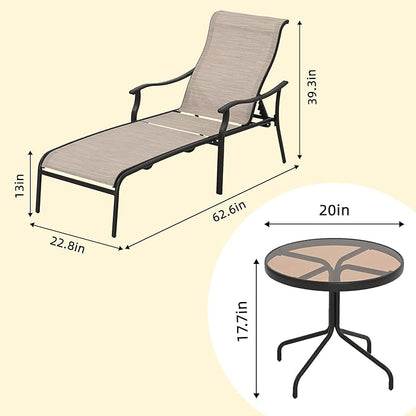 HAPPATIO Patio Chaise Lounge Set 6 Pieces,Patio Lounge Chair with Glass Coffee Table,Pool Lounge Chair with Breathable Textilene Fabric,Patio Chaise Lounge (Brown)