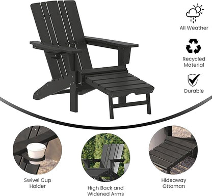 Taylor & Logan Hedley Adirondack Chair with Cup Holder and Pull Out Ottoman, All-Weather HDPE Indoor/Outdoor Lounge Chair in Black, Set of 2