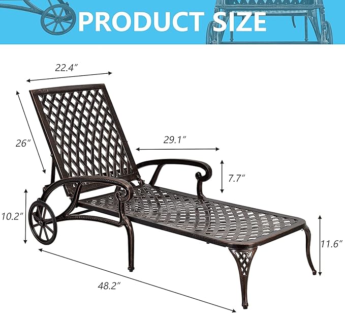 KEIKI Chaise Lounge Chair Outdoor, Aluminium Cast Patio Chaise Lounge with Adjustable Backrest and Moveable Wheels, Outside Tanning Chair, Brown (Side Table Not Included)