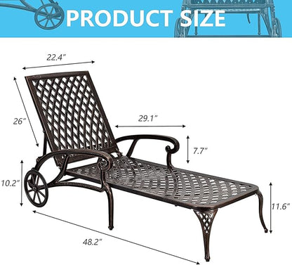 KEIKI Chaise Lounge Chair Outdoor, Aluminium Cast Patio Chaise Lounge with Adjustable Backrest and Moveable Wheels, Outside Tanning Chair, Brown (Side Table Not Included)