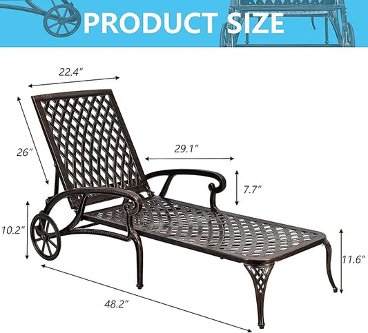 KEIKI Chaise Lounge Chair Outdoor, Aluminium Cast Patio Chaise Lounge with Adjustable Backrest and Moveable Wheels, Outside Tanning Chair, Brown (Side Table Not Included)