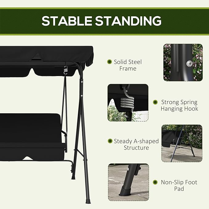Outsunny 3-Seat Outdoor Patio Swing Chair with Removable Cushion, Steel Frame Stand and Adjustable Tilt Canopy for Patio - Photo 4