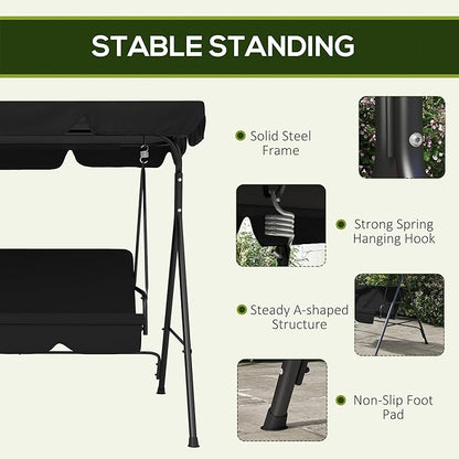 Outsunny 3-Seat Outdoor Patio Swing Chair with Removable Cushion, Steel Frame Stand and Adjustable Tilt Canopy for Patio, Garden, Poolside, Balcony, Backyard, Black 2