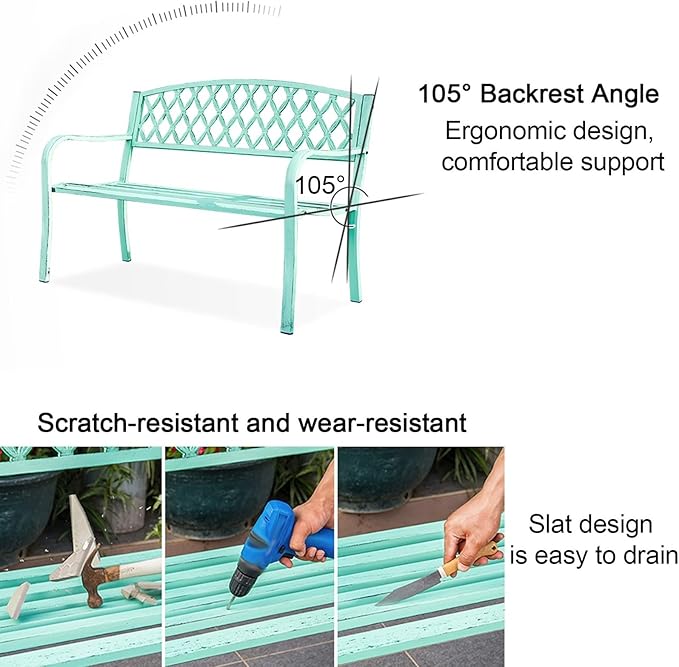 Porch Benches Outdoor, 2-3 Person Metal Garden Bench with Diamond Weaving Backrest, Load Bearing 880lbs, for Backyard Deck Lawn Poolside(White)