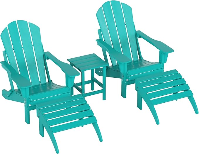 WestinTrends Malibu Outdoor Lounge Chairs Set, 5-Pieces Adirondack Chair Set of 2 with Ottoman and Side Table, All Weather Poly Lumber Patio Lawn Folding Chair for Outside, Turquoise