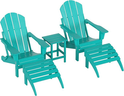 WestinTrends Malibu Outdoor Lounge Chairs Set, 5-Pieces Adirondack Chair Set of 2 with Ottoman and Side Table, All Weather Poly Lumber Patio Lawn Folding Chair for Outside, Turquoise