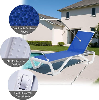 Kozyard Outdoor Chaise Lounge Chair, Full Flat Adjustable Patio Lounger with Aluminum Frame & Resin Legs, Textilene Fabric for Poolside, Backyard & Beach (Blue)