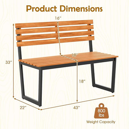 Giantex Outdoor Bench, 43"×22"×33" Acacia Wood Patio Loveseat with Backrest, Heavy Duty Metal Frame, 800 lbs Weight Capacity, 2-Person Garden Bench for Lawn, Porch, Yard and Park