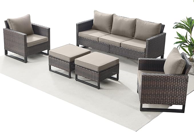 Rilyson Wicker Outdoor Patio Furniture Set - 5 Piece Patio Conversation Set with 2 Wicker Armrest Chairs,2 Rattan Ottoman and 1 Couch for Outside Porch Deck Backyard Garden(Brown/Grey)