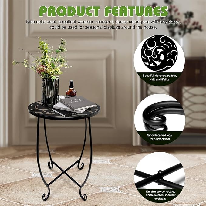 15 Inch Tall Metal Plant Stand Indoor Outdoor, Round Side Table with Swirl Pattern, Rust Resistant Iron Flower Pot Holder for Patio Garden Porch Living Room
