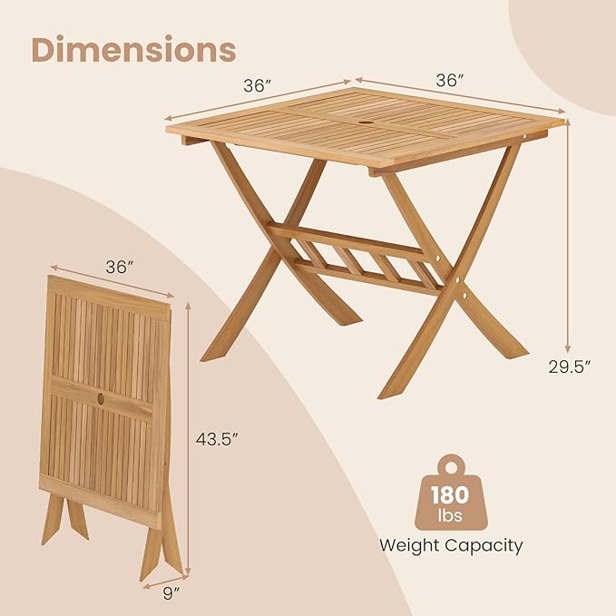 Tangkula 36" Acacia Wood Patio Dining Table, Square Folding Outdoor Bistro Table with Umbrella Hole and X-Shaped Frame - Photo 3